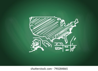 Drawing map on blackboard of USA Territories. drawn on chalkboard with scribbled map of USA Territories. can be use for education. vector illustration.