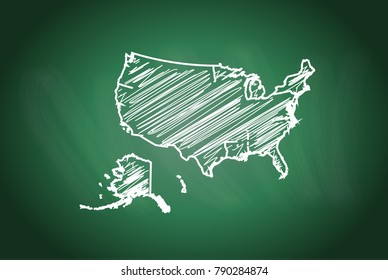 Drawing map on blackboard of usa. drawn on chalkboard with scribbled map of usa. can be use for education. vector illustration.