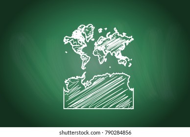 Drawing map on blackboard of world With Antarctica. drawn on chalkboard with scribbled map of world With Antarctica. can be use for education. vector illustration.