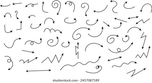 Drawing with a marker, different arrows in pen. Set of vector icons. Vector Illustration.