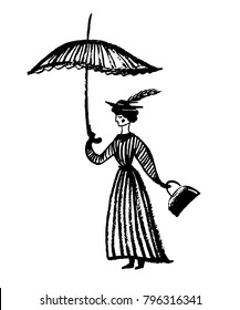 drawing of mary poppins flying on umbrella, sketch by hand drawn child vector illustration