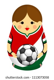 Drawing of a Matryoshka with colors of the flag of Mexico holding a soccer ball in her hands. Russian nesting doll in red, white and green. Vector image