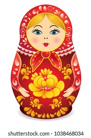 Drawing of a Matryoshka in red and yellow color. Matryoshka doll also known as a Russian nesting doll, Stacking dolls, or Russian doll, is a set of wooden dolls of decreasing size placed one inside 
