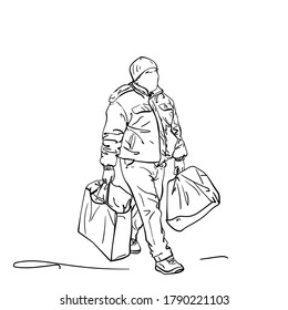 Drawing of mature man no face carrying two big bags and wearing winter clothes, Vector sketch Hand drawn illustration