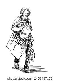 Drawing of an mature woman walking thoughtfully and carrying a small backpack in front on her stomach, holding it with her hands, Vector sketch isolated, Hand drawn illustration