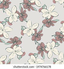 Drawing meadow bloom flowers. Cute floral seamless pattern. Nature abstract background vector wallpaper. Line art botanical illustration graphic design print. Trendy pastel grey, white, brown colors
