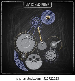 Drawing of mechanism with gears on a board chalk. Vector collection.