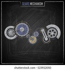 Drawing of mechanism with gears on a board chalk. Vector collection.