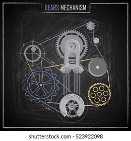 Drawing of mechanism with gears on a board chalk. Vector collection.