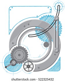 Drawing of mechanism with gears. Vector illustration.
