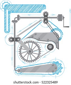 Drawing of mechanism with gears. Vector illustration.