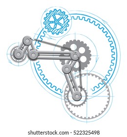 Drawing of mechanism with gears. Vector illustration.