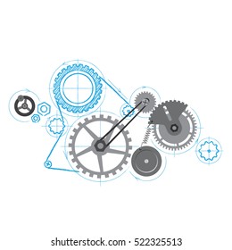 Drawing of mechanism with gears. Vector illustration.