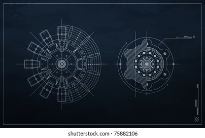 drawing mechanism on a dark background. blueprint