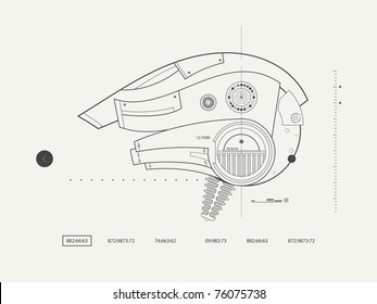 Zeichnungsmechanismus auf dunklem Hintergrund. Blaupause