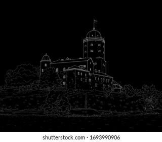 drawing of a medieval castle in white on a black background