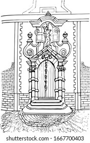 Drawing of a medieval door. Vector sketch in the lines of the door of a Belgian washed house. Sketch done in retro style. Coloring book for children and adults.