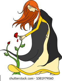 Drawing of a Medieval Irish Celtic Red Hair Woman in Yellow Dress and Black Cloak Standing Alone Barefoot Picking a Rose Flower