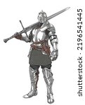 Drawing medieval knight armor, long sword, full metal, art.illustration, vector