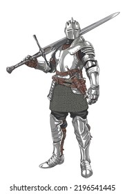 Drawing medieval knight armor, long sword, full metal, art.illustration, vector