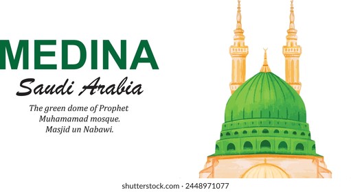 drawing of MEDINA with green and orange color, SAUDI ARABIA - The green dome of prophet muhmamad mosque. masjid un nabawi.