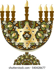 Drawing of a menorah with jewish star and round floral lace - Traditional Jewish candle holder for the seven candles. Candles are lit on Saturday, the Sabbath.