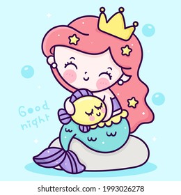 Drawing Mermaid cartoon Little princess fairy hug kawaii fish animal for sweet dream good night. Series fairytale Beautiful character (Girly girl) cute vector. Hand drawing Illustration for kids card.