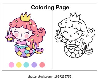 Drawing Mermaid coloring page cartoon little princess holding cupcake for birthday party vector kawaii fish animal.Series fairytale Beautiful character(Doodle Girly girl) isolated on white background.