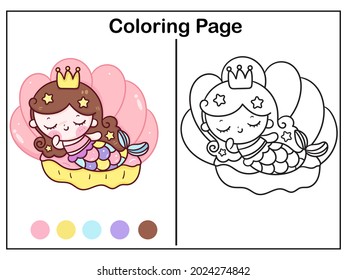 Drawing Mermaid coloring page cartoon little princess sleep on shell sweet dream kawaii fish animal. Series fairytale Beautiful character(Doodle Girly girl) isolated on white background. Hand drawing.