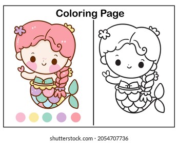 Drawing Mermaid coloring page cartoon little princess vector kawaii with heart.Series fairytale Beautiful character (Doodle Girly girl) isolated on white background. Hand drawing outline Illustration.