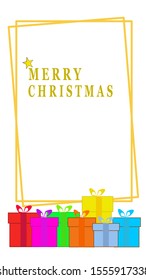 Drawing Merry Christmas in golden frame with gift boxes outside