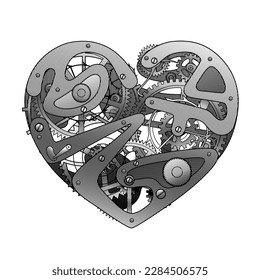 Drawing of a metal clockwork heart isolated on white in vintage engraving style. Love symbol