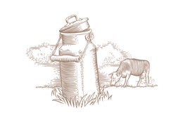 Drawing Of Metal Milk Can And Grazing Brown Cow On The Green Grass