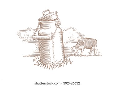 Drawing of metal milk can and grazing brown cow on the green grass