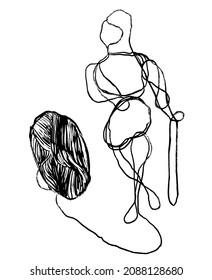 drawing metaphorical picture, silhouette of a man with a sword, made of woolen thread and a ball, sketch, hand drawn digital vector illustration