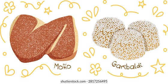 Drawing of Mexican sweet bread, a moño, and a Garibaldi