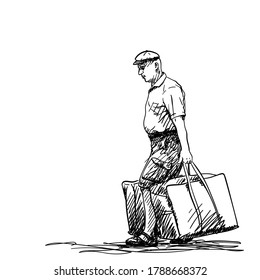 Drawing of middle age man carrying two big heavy bags in both hands and wearing cap, Vector sketch Hand drawn illustration