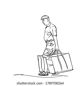 Drawing of middle age man carrying two big heavy bags and wearing cap, Vector line sketch Hand drawn illustration