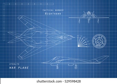 Drawing of military aircraft. Top, side, front views. War plane. Aviation document. Vector illustration