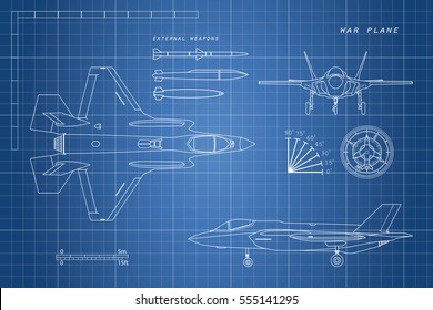 Drawing of military aircraft. Top, side, front views. Fighter jet. War plane with external weapons. Vector illustration