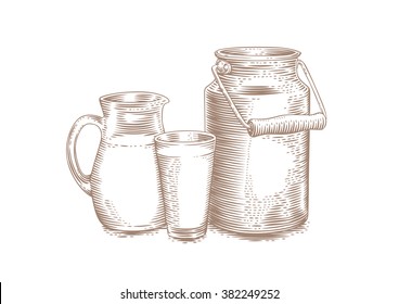 Drawing of milk can, jug and glass of milk on the white