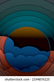Drawing, mirror reflection, hierarchy, sun, dimension, fog, weather, storm, darkness, time difference abstract background.