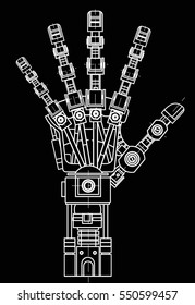 The drawing model of the robot arm. It can be used as an illustration of robotics ideas, artificial intelligence, bionic prostheses, science, engineering development, high-tech.