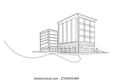 Drawing of modern building vector concept art with tree. Minimalist architecture continuous line graphic design illustration.