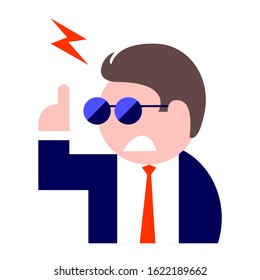 Drawing of a modern business man in sunglasses, a suit and tie. Angry and cursing. Vector isolated illustration in flat style for icon or symbol.