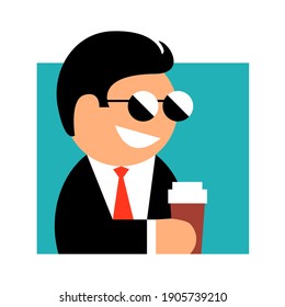 Drawing of a modern business man in sunglasses, a suit and tie. In the hands of a coffee. Vector isolated illustration in flat style for icon or symbol.