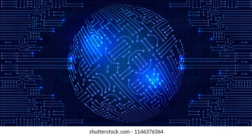 Drawing modern electronic circuit with  binary code and sphere