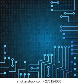 Drawing modern electronic circuit and  binary code on blue grungy background