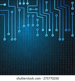 Drawing modern electronic circuit and  binary code on blue grungy background