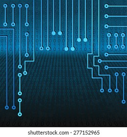 Drawing modern electronic circuit and  binary code on blue grungy background